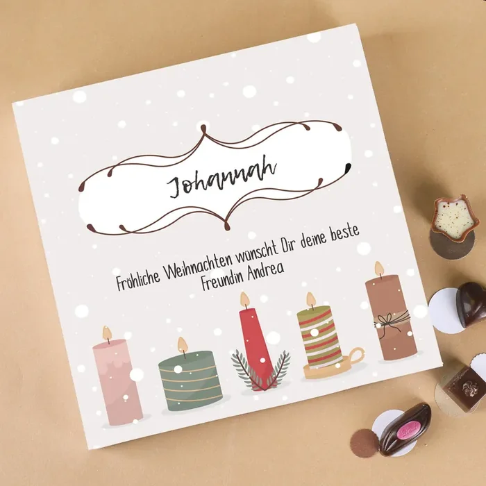 32 alkoholfreie Lindt Pralinen bedruckt mit Weihnachtskerzen, Name und Ihrem Wunschtext