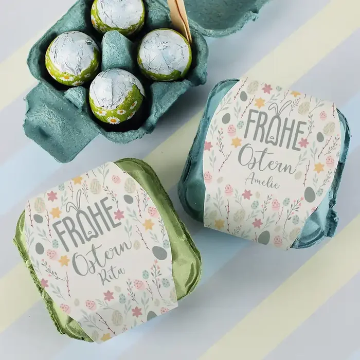 „Frohe Ostern“ Schokoeier mit Wunschname & buntem Oster-Motiv