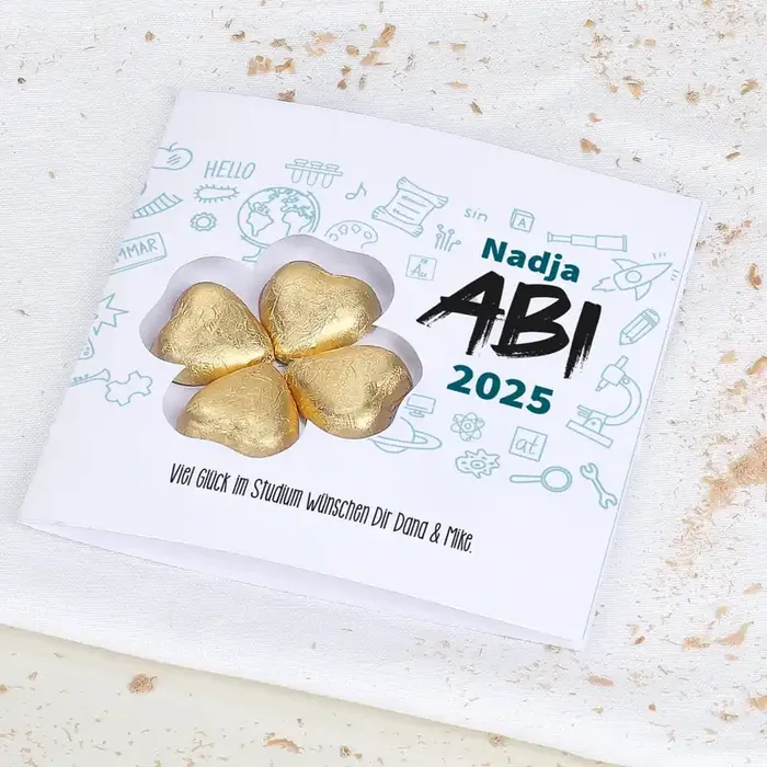 Abi Glückwunschkarte mit Name, Jahr, Wunschtext & Lindt Schokoladen-Kleeblatt