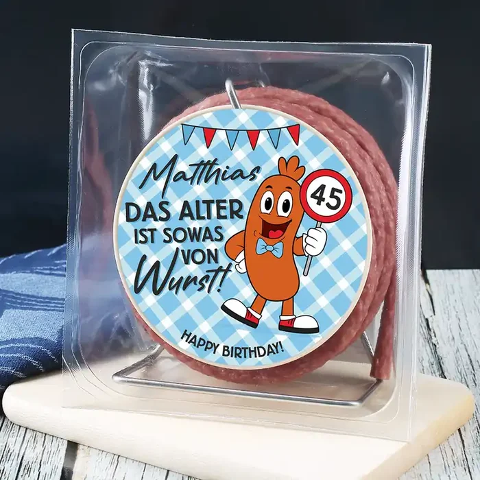 Das Alter ist Wurst! – Salami Kabeltrommel mit personalisiertem Etikett