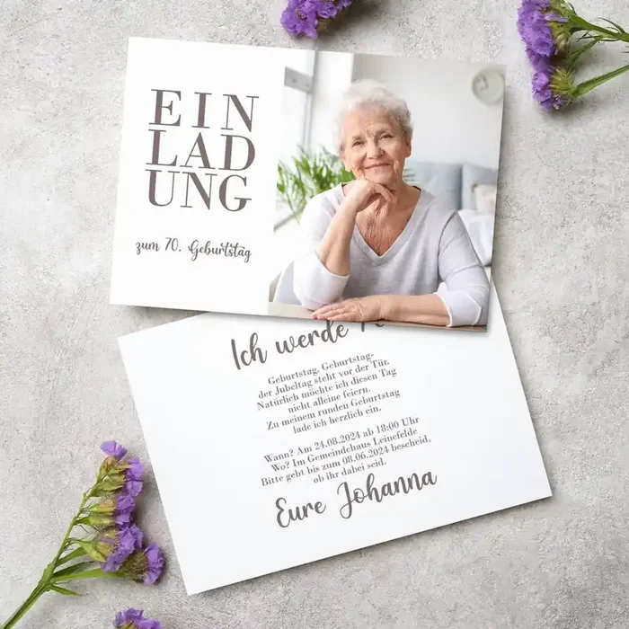 Einladungskarte zum Geburtstag mit Ihrem Foto und Wunschtexten