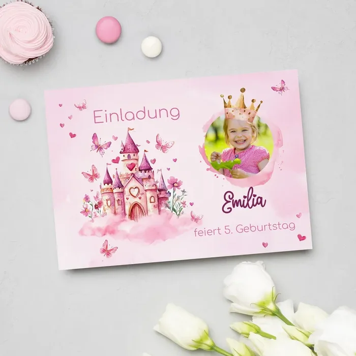 Einladungskarte zum Kindergeburtstag mit Wunschdaten, Prinzessinnen-Motiv und Schloss