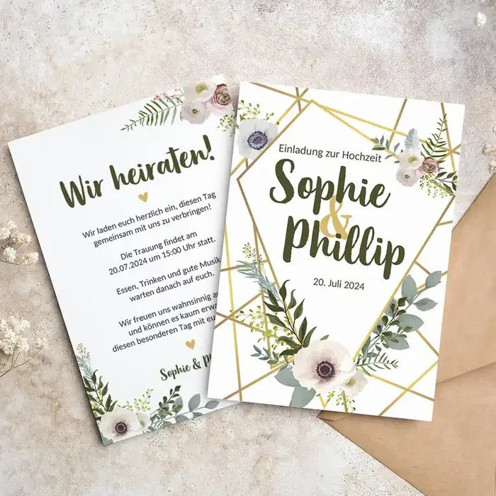 Einladungskarte zur Hochzeit mit goldenem Blumenmotiv
