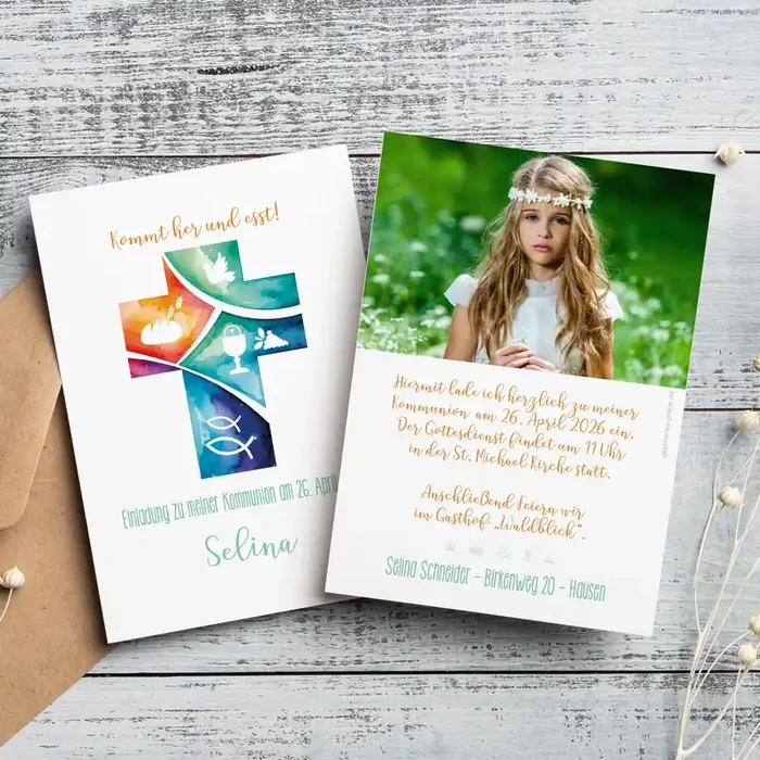 Einladungskarte zur Konfirmation & Kommunion mit Foto und Wunschdaten Kommt her und esst!