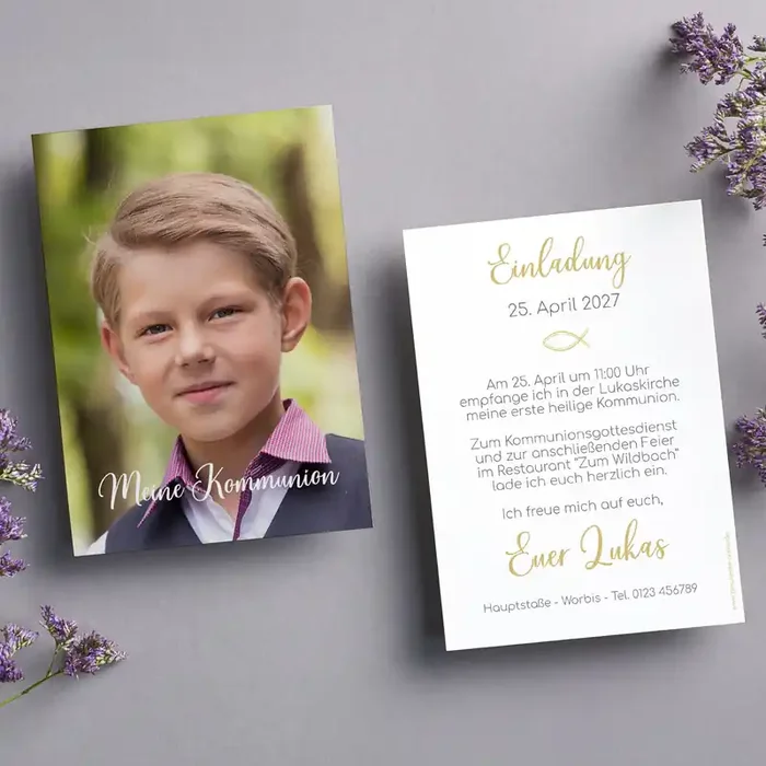 Einladungskarte zur Konfirmation, Kommunion, Taufe mit Foto & Wunschdaten Danksagung