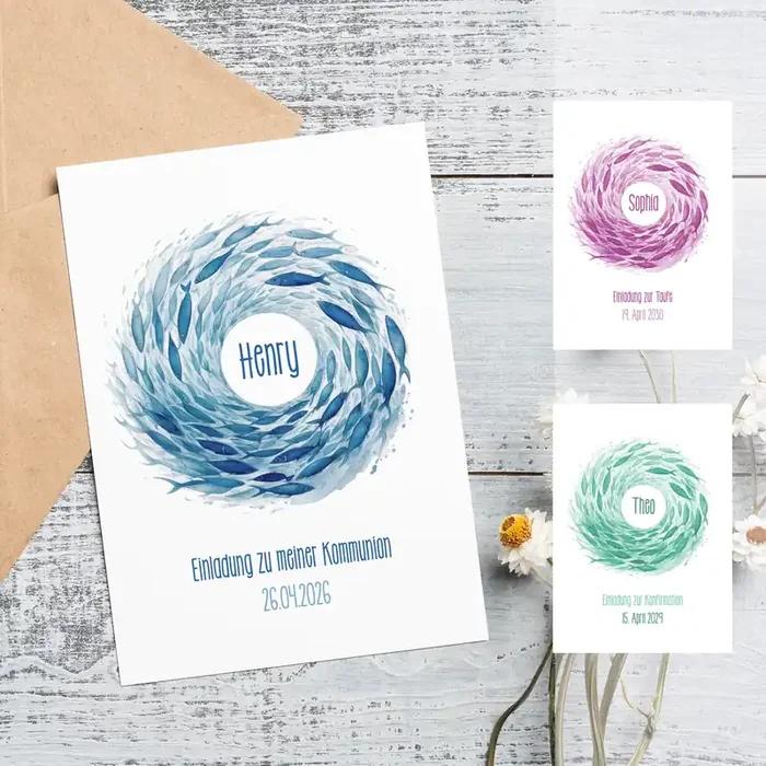 Einladungskarte zur Konfirmation, Kommunion, Taufe mit Wunschdaten Fische Ichthys