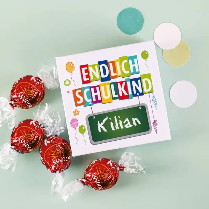 Endlich Schulkind – 4 Lindorkugeln in Geschenkverpackung mit Name