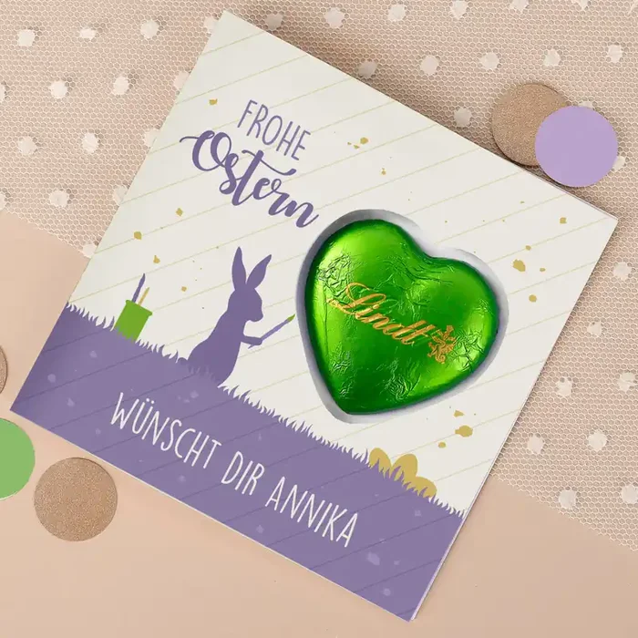 Frohe Ostern – Klappkarte mit grünem Lindt Schokoherz