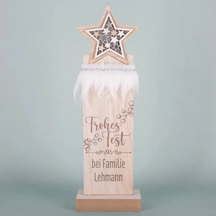 Frohes Fest – LED Holzskulptur mit Sterndetail und Gravur