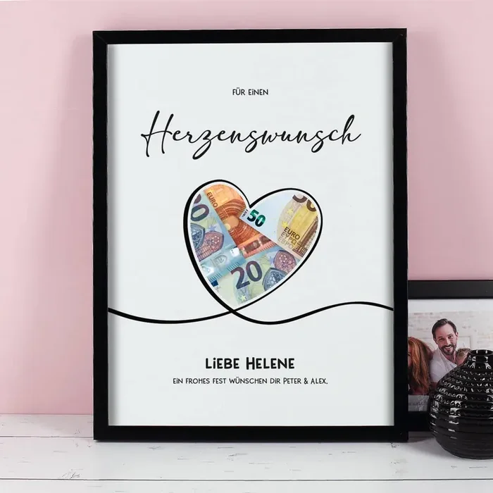 Geldgeschenk von Herzen – Bilderrahmen mit 4 Zeilen Wunschtext, 30x40cm