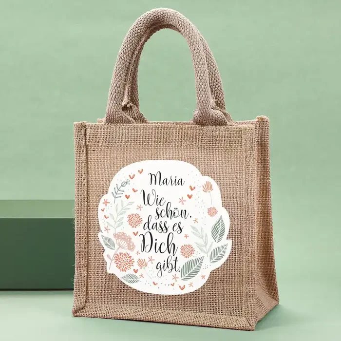 Geschenktasche aus Jute personalisierbar mit Name Wie schön, dass es dich gibt