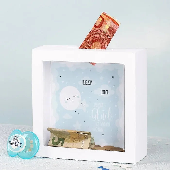 Kleine Bilderrahmen Spardose mit blauem Kindermotiv