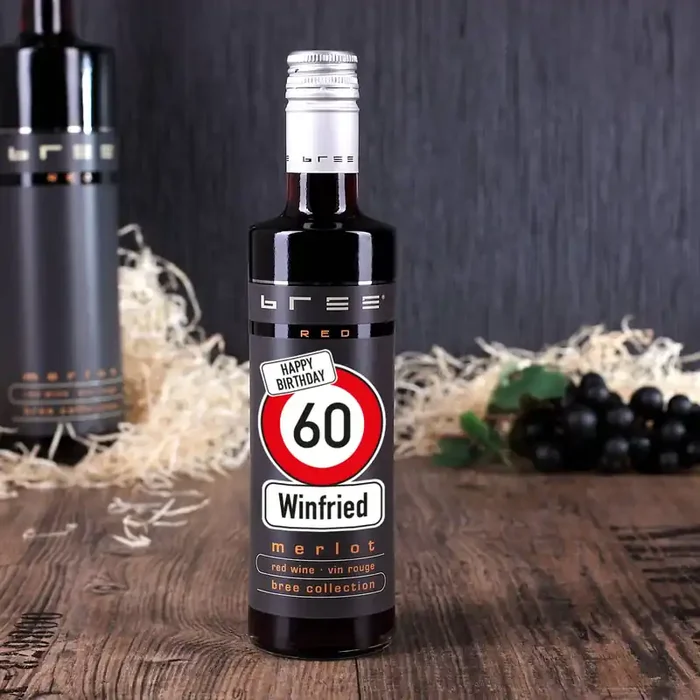 Kleiner BREE Wein zum Geburtstag mit Verkehrszeichen, Name und Alter