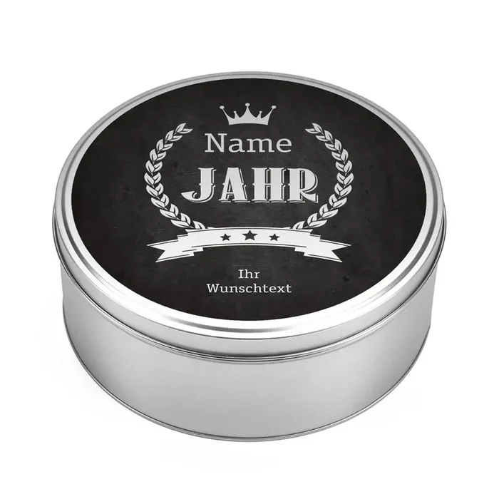 Metalldose zum Geburtstag mit Name, Jahreszahl und Glückwunschtext