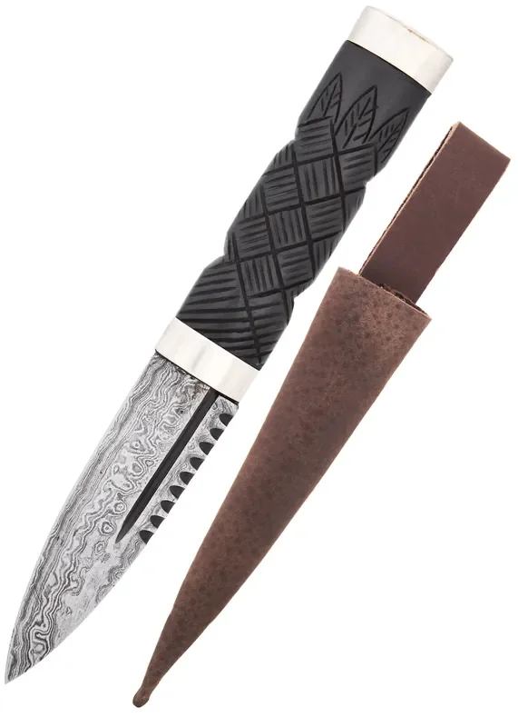 Sgian Dubh Messer mit Damaststahlklinge und Lederscheide