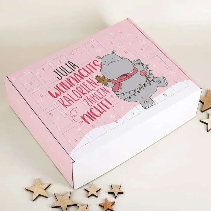 Weihnachtskalorien zählen nicht! – Adventskalender mit Ihrem Wunschnamen und Nilpferd