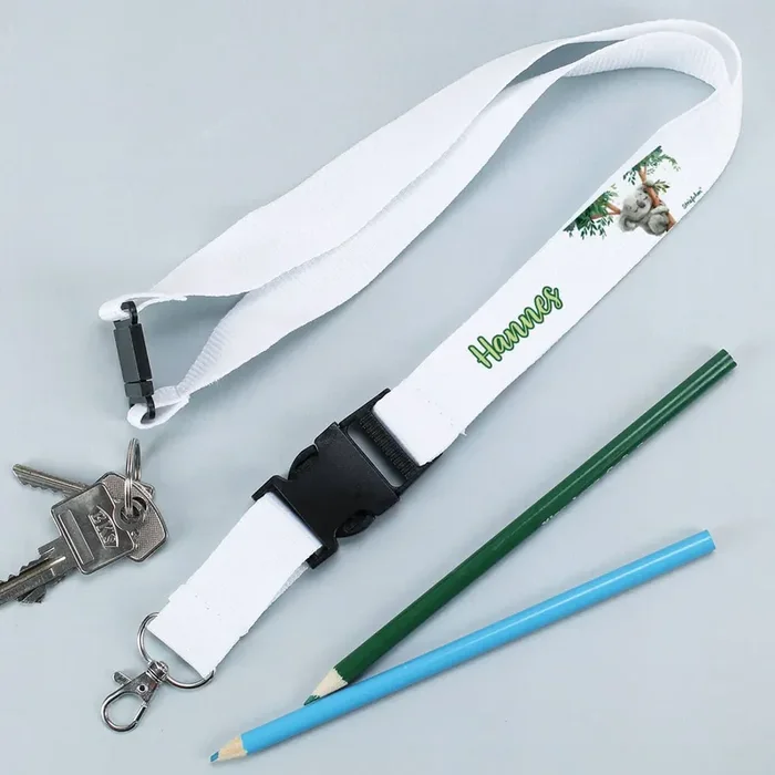 Weißes Schlüsselband mit kleinem Koala als Motiv und Wunschname
